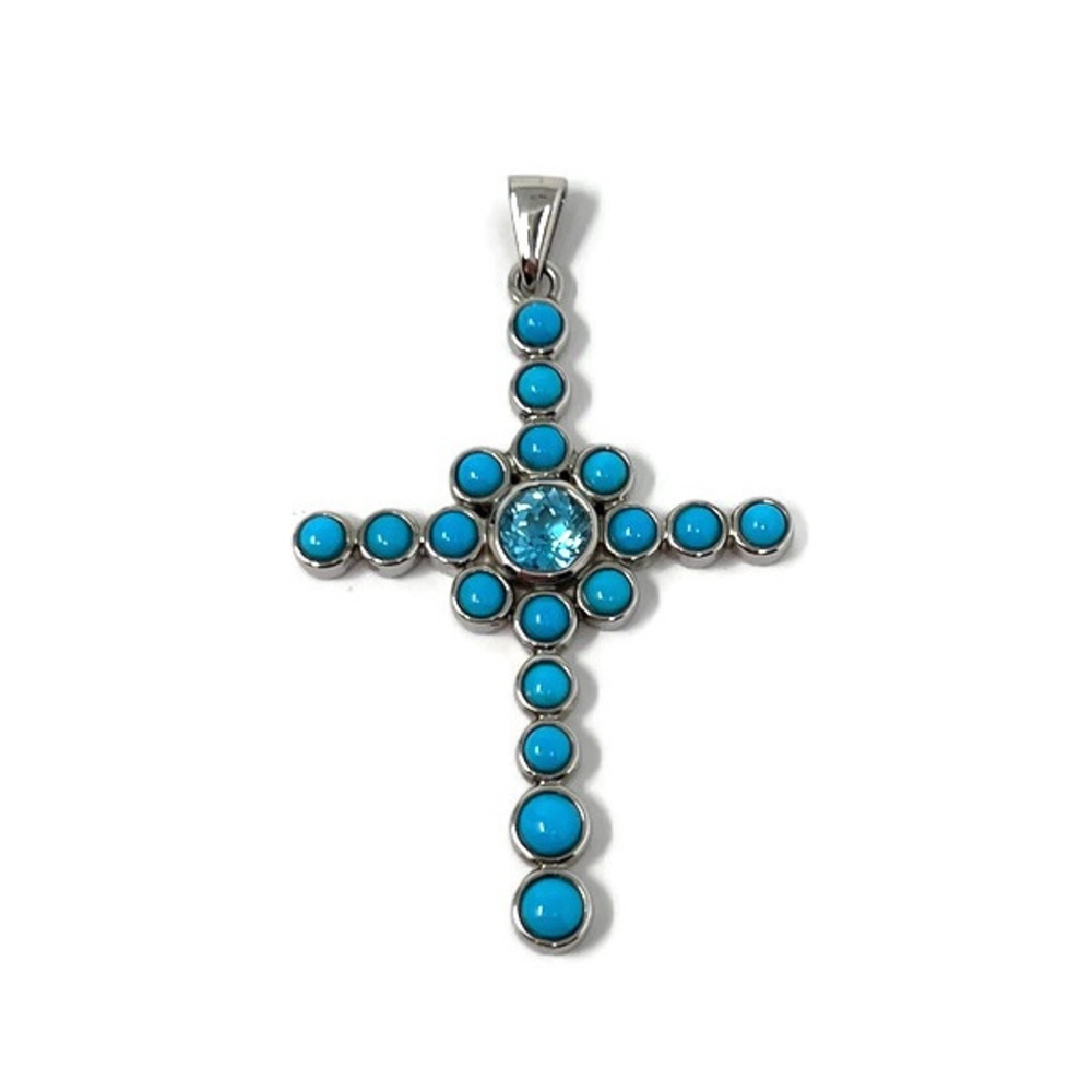 Vintage Sterling Silver Turquoise Blue Topaz Cross Necklace:  925 Thailand